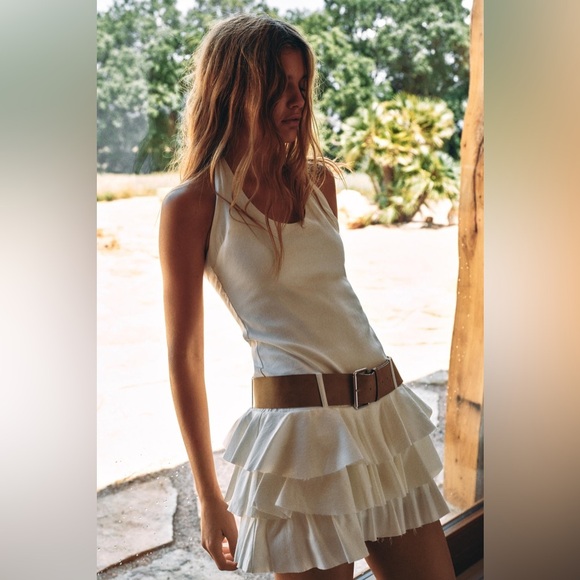 Zara Dress Mini Ruffled Belt White Casual Party Evening Statement - Picture 13 of 14